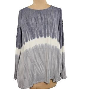 Venus Gray White Ombre Tie Dye Long Sleeve Tunic Top Large Embroidered